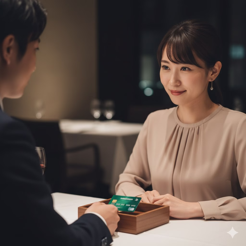 レストランの会計でアメックスグリーンをスマートに出す男性と、それを見て安心し好感を抱く日本人女性