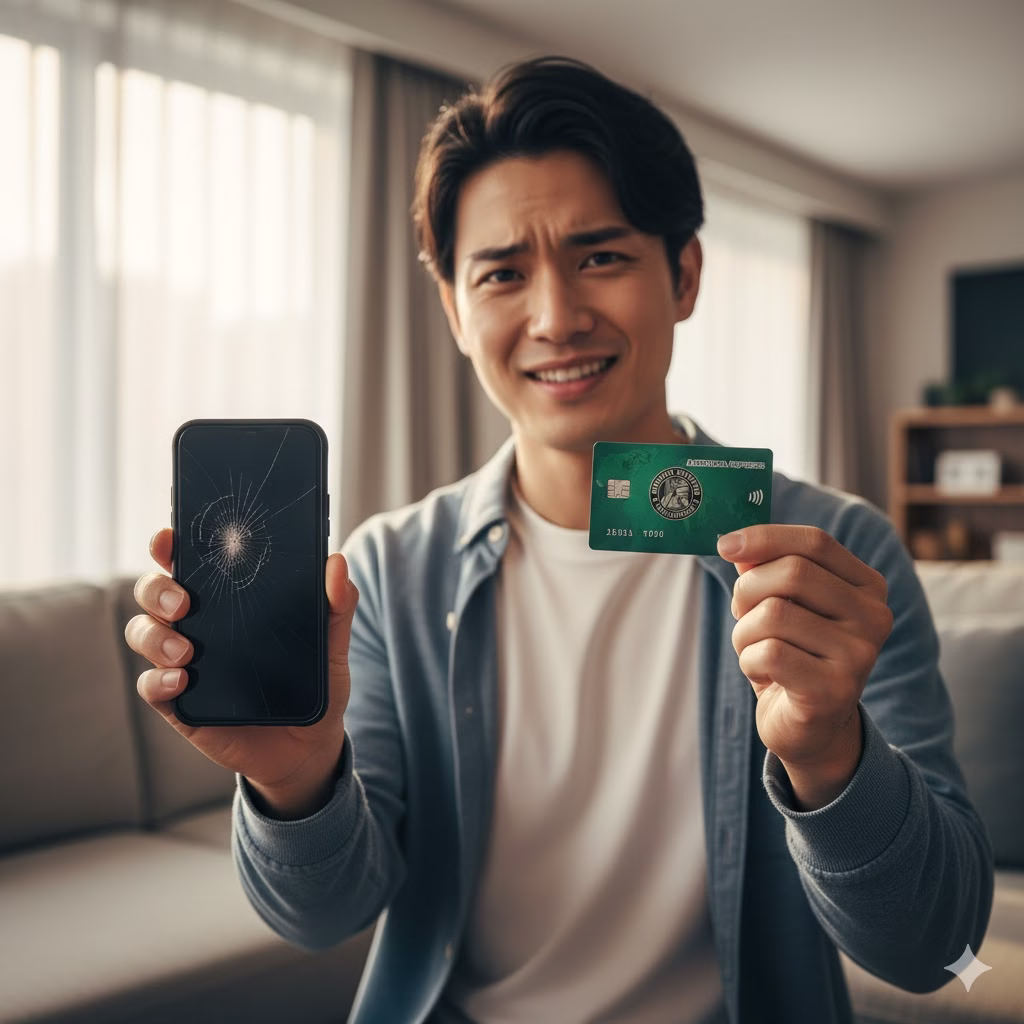 スマホの画面が割れてもアメックスグリーンの保険があるため安心している日本人男性