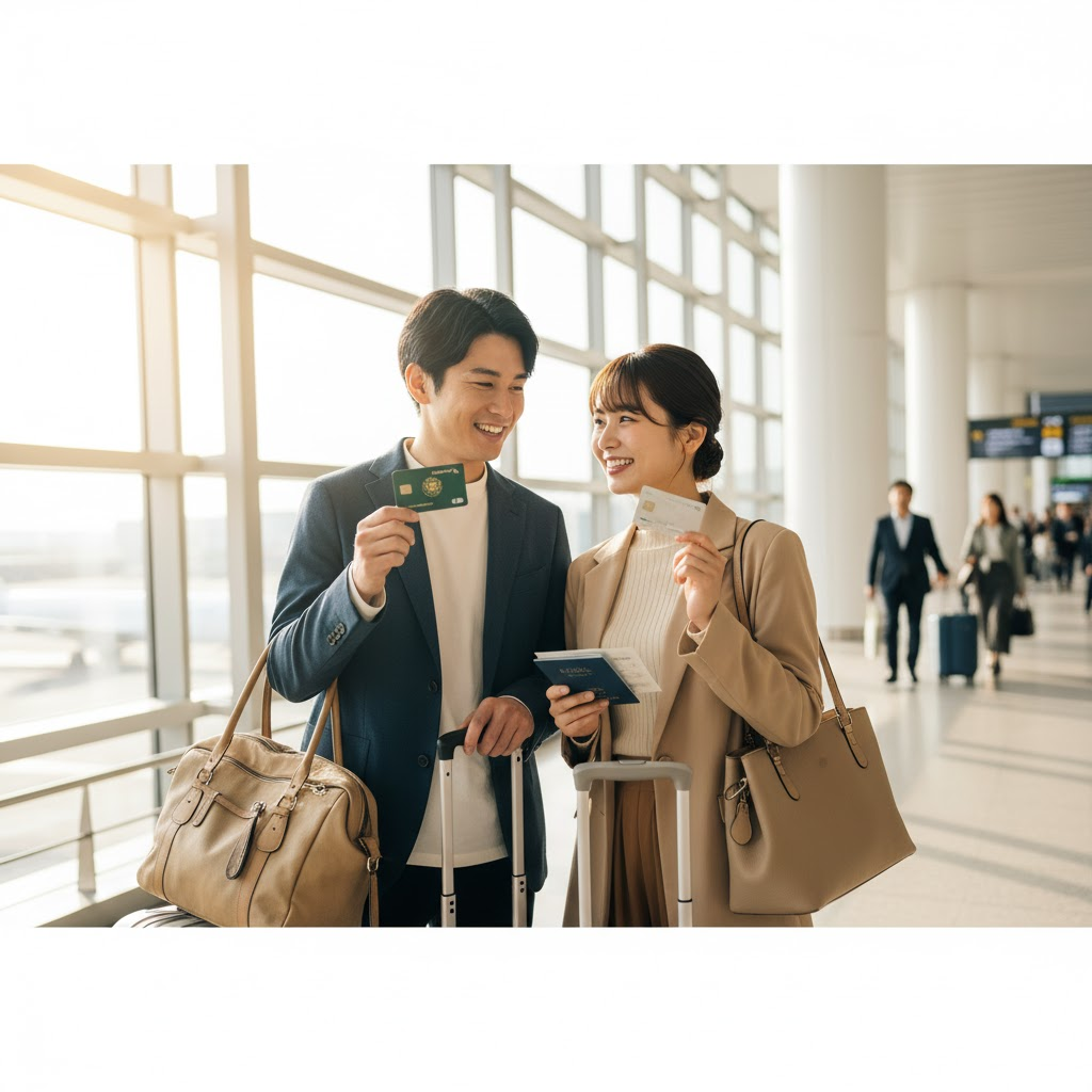 空港でアメックスグリーンを持つ彼氏と自分のカードを持つ彼女が旅行の準備を確認し合う様子