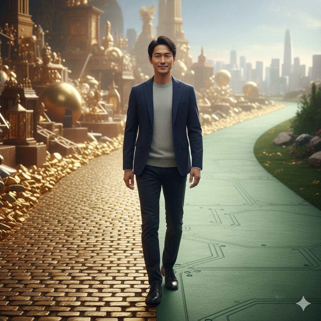 ゴールドカードの豪華さよりもアメックスグリーンのスマートで合理的なライフスタイルを選択する男性のイメージ